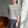 Camiseta de mujer de verano nuevo estilo, resistente, cuello redondo, lino de bambú, manga corta, bordado de poni, corte holgado, fina, moderna, simple, transfronteriza