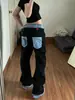 Jeans Retro Americano de Nicho con Doble Cintura y Parches de Sable para Hombres y Mujeres con Diseño Apilado para un Efecto que Realza la Altura, Pantalones Rectos Holgados