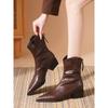 Botas Curtas de Salto Grosso Marrom 4cm para Mulheres Outono e Inverno Nova Moda Retro Bico Fino Botas de Cavaleiro Salto Médio Botas da Moda