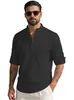 Camisa Casual Masculina Amazon Transfronteiriça de Linho com Gola Henley Cor Sólida Estilo Americano Manga Longa Leve Respirável Tamanho Plus para Uso Externo