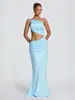 Vestido longo de um ombro só, ombro a ombro, gola halter para mulheres com design de cintura vazada, alças para amarrar, plissado, vestido longo justo
