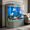 Nuevo acuario de cristal ultra transparente, tamaño mediano a grande, para uso doméstico en la sala de estar, montado en la pared, acuario de forma curva, no necesita cambios de agua, tanque grande curvo de pie