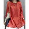 283 # Camiseta lisa de manga larga con cuello redondo de algodón y lino para mujer, ligera para primavera-verano, vestido camisa top de algodón y lino de longitud media