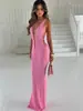 Alças Larga nos Ombros, Decote em V Profundo, Vestido Longo Cauda de Peixe que Abraça o Quadril, Estilo de Rua Fashion, Amarração Sexy, Cordão Vazado, Sem Mangas, Vestido Longo Feminino Justo ao Corpo