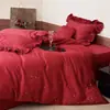 Set Romántico de Encaje Rojo Bordado con Rosas de Algodón de Fibra Larga Satín Sedoso Puro Algodón Juego de Cama