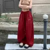 Pantalones Rojos de Pierna Ancha con Cordón, Estilo Retro Americano Otoño e Invierno, Pantalones de Paracaídas Plegados de Secado Rápido para Mujer, Pantalones Casuales Sueltos con Caída