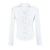 Camisa de cuello en V con pliegues y manga de tres cuartos para mujer, temperamento de deseo puro, corte ajustado, entallada en la cintura, favorecedora, top de un solo botón, otoño