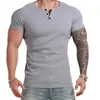 Cuello Redondo Fitness Casual Secado Rápido Color Sólido Elástico Ajuste Delgado Camiseta de Capa Base Estilo Americano Camisa Henley Manga Corta Mallas para Hombre