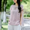 Top de algodón y lino estilo chino para mujer, versión fina de verano, cuello mao, diseño abotonado, camisa retro, nuevo estilo chino, corte holgado, blusa bordada de algodón y lino