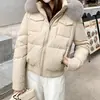 Jaqueta Curta de Algodão com Capuz e Gola Grande de Pelo Removível Estilo Americano Casaco de Algodão Jaqueta Acolchoada de Algodão Feminina Novo Estilo 2026 Outerwear Grosso de Inverno com Acolchoamento de Veludo