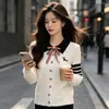 Suéter de tricô estilo coreano doce e colegial com gola de laço e design de cachorrinho bordado, camiseta base branca tamanho único