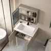 Conjunto de gabinete de banheiro em aço inoxidável, lavatório e pia integrados de cerâmica, minimalista moderno para espaços pequenos