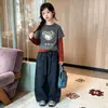 Conjunto de otoño de dos piezas para niña con bloques de color, moderno traje de actuación de danza jazz, elegante conjunto de dos piezas para pasarela de modelos infantiles