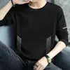 Camiseta masculina de manga comprida, camada interna de outono masculina, camiseta básica solta e elástica, camiseta masculina estampada estilo coreano ins
