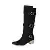 Botas de vaquero occidentales estilo páramo, con acabado mate, punta cuadrada, tacón grueso, diseño de hebilla de tres capas y una silueta alta que estiliza, retro, para mujer