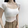 Camiseta de manga corta para mujer 2023 con almohadilla en el pecho para verano Nuevo puro sexy cuello cuadrado corte entallado top corto