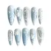 Juego de 30 Piezas Uñas Postizas Stiletto Largas Azul Claro Blanco Diseño Francés con Rosa 3D Perla Hoja Plateada Uñas Postizas Reutilizables para Mujeres Acción de Gracias Fiesta de Otoño