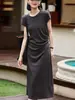 26 Estilo Nuevo Primavera y Verano Cintura Ceñida Ajustado Cuello Redondo Casual Elegante Fruncido Irregular Vestido Camiseta para Mujer 22788