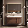 Gabinete de baño estilo mid-century de madera de nogal con lavabo cerámico integrado, lavabo combinado para tocador estilo chino