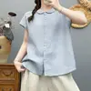 Camisa Minimalista de Linho Sem Mangas para Mulheres, Verão Gola Reversível com Botões, Blusa Solta Artística, Top para o Trabalho com Mangas Volumosas