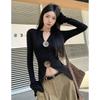 Playera de Punto Sexy de Manga Larga con Diseño Slim de Cuello en V para Mujer Otoño Nuevo Nicho Sexy Camiseta Básica Top