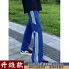 Calças listradas respiráveis estilo americano com estampa de escamas de cobra para homens, calças casuais esportivas de três listras para o verão, slim-fit, calças retas ligeiramente abertas