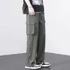Calça de Trabalho de Perna Reta Masculina Primavera Outono Tendência Americana Tamanho Grande Casual Solta Fechamento com Botão Vários Bolsos Perna Larga Calça Longa