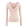 Nuevo Top Básico Sexy de Otoño e Invierno con Escote en V Profundo, Encaje Empalmado, Cintura Fruncida y Efecto Adelgazante, Manga Larga