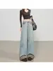 Jeans estiloso estilo americano com patchwork de estampa de leopardo, perna larga, para mulheres, azul claro, cintura alta, corte solto, emagrecedor, calça de comprimento total