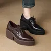 Sapatos Britânicos Pequenos de Couro com Bico Fino e Salto Grosso de Cadarço para Mulheres 2025 Primavera Novo Salto Plataforma de Solado Grosso Versátil de Couro Genuíno com Boca Profunda