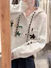 Suéter com capuz em crochê com letras na cor damasco, estilo coreano, para mulheres, adequado para outono e inverno, blusa de tricô solta e casual para pessoas baixinhas