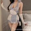 Lingerie Sexy, Decote Profundo em V Sexy, Costas Bonitas, Saia de Quadril Xadrez Azul, Uniforme de Empregada, Body Transparente com Amarração no Pescoço