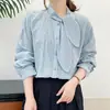 Outono Novo Artístico Doce Cadarço Jacquard Solto Versátil Camisa de Manga Comprida Feminina Redutora de Idade Casual e Versátil