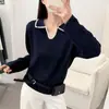 Blusa de tricô com gola polo color block estilo francês para mulheres, modelo novo de início de outono 2026, base extremamente estilosa e casual para sobreposição