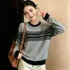 2026 Suéter Elegante para Mujer de Rayas Retro, Cuello Redondo, Tejido de Canalé, Manga Larga, Otoño Invierno, Estilo Nuevo, Adelgazante, Versátil
