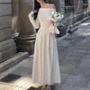Vestido Sexy de Cor Sólida com Ombro Único Plissado e Manga Longa para Mulheres Primavera e Outono Primeira Paixão Cintura Marcada Emagrecedor Camada Base Saia Longa Evasê