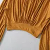 Ropa de Mujer Transfronteriza al por Mayor Otoño Nuevo Estilo Europeo y Americano Cuello Redondo Plisado Color Sólido Casual Top Corto de Manga Larga