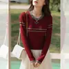 Suéter de Tricô Ankela Vermelho com Listras Duplas para Mulheres, Moda Outono/Primavera 2025, Camada Base, Suéter Gola Redonda