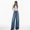 Jeans Anchos de Diseño Lavado con Pliegues Blanqueados Naranja Joven para Mujer Sueltos Adelgazantes Ocultan Defectos de Moda Versátiles Pantalones de Largo Completo