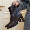 Botines de tacón alto con punta cuadrada estilo coreano para mujer, 2026, botas de moda nuevas y elegantes en color marrón con tacón grueso y diseño elástico adelgazante