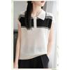Top de punto con cuello polo de color contrastante y manga corta tipo mariposa 2025 Verano Nuevo Casual Versátil Camiseta de manga corta con solapa pequeña