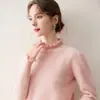 Suéter de punto fino de cachemira para mujer, con encaje y cuello alto medio, adelgazante, manga larga, elegante, corte holgado, capa base de lana