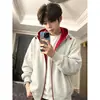 Moletom com zíper color block retrô americano, jaqueta esportiva unissex moderna de corte solto para casal, jaqueta com capuz de outono