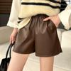 Shorts de Couro PU para Mulheres, Novo Estilo Outono 2025, Cintura Alta, Emagrecedor, Versátil, Cordão, Perna Larga, Calça Casual