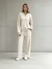 Conjunto de Moletom com Meio Zíper Estilo Europeu e Americano Outono/Inverno 2026 para Mulheres, Solto, Caimento Fluido, Calça Wide Leg, Conjunto Casual de Duas Peças