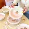 Lindo juego de tazón y plato de color bajo vidriado, tazón para fideos instantáneos, tazones y platos para el hogar, vajilla de cerámica para una persona, tazón para yogur, tazón para ensaladas
