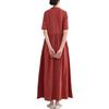 2025 Ventilador de Gola Placket Pregueado Elegante Saia Longa Bordada Literário Retrô Linho Gola Alta Barra Completa Vestido