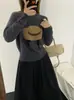 Suéter feminino 100% lã pura para outono e inverno, gola redonda, manga longa, cor sólida, suéter de lã tricotado interno jovem e moderno