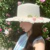 Sombrero de Paja de Copa Plana con Encaje Francés para Mujer, Sombrero de Verano de Ala Ancha para Protección Solar, Sombrero de Sol de Playa Que Hace que la Cara Parezca Más Pequeña