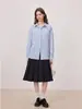 Camisa feminina listrada azul e branca estilo francês, adequada para primavera e outono, camisa casual solta com proteção solar para o dia a dia